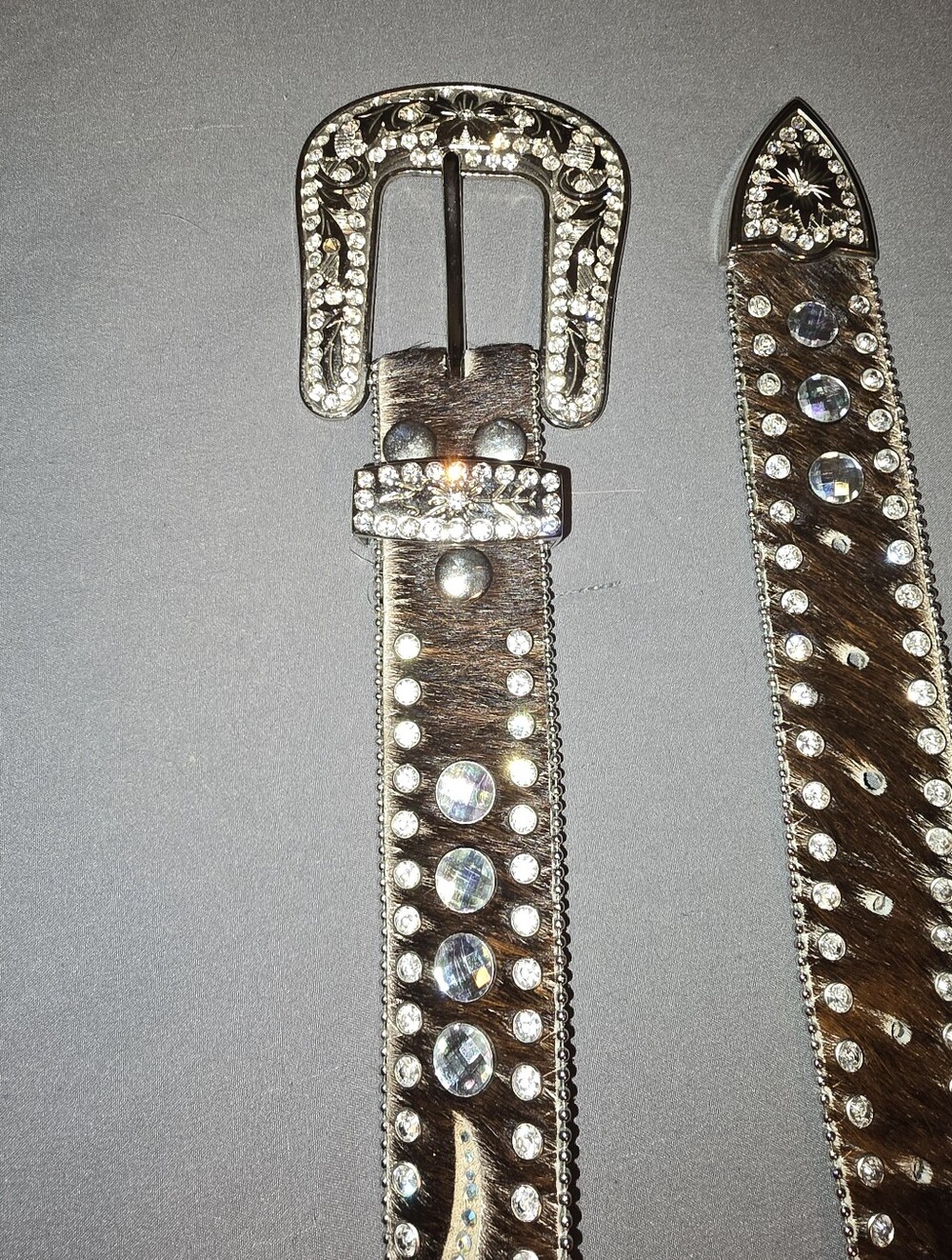 NWOT - Rhinestone Embellished Brown Hair-On Leather Western Belt